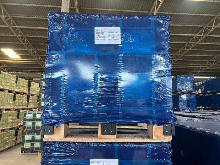 Export pallet shrink-wrapped and labelled for shipping