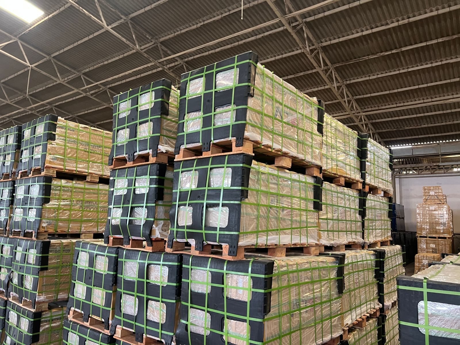 Packed Brixen Ceramica tile pallets ready for export at the Morbi warehouse